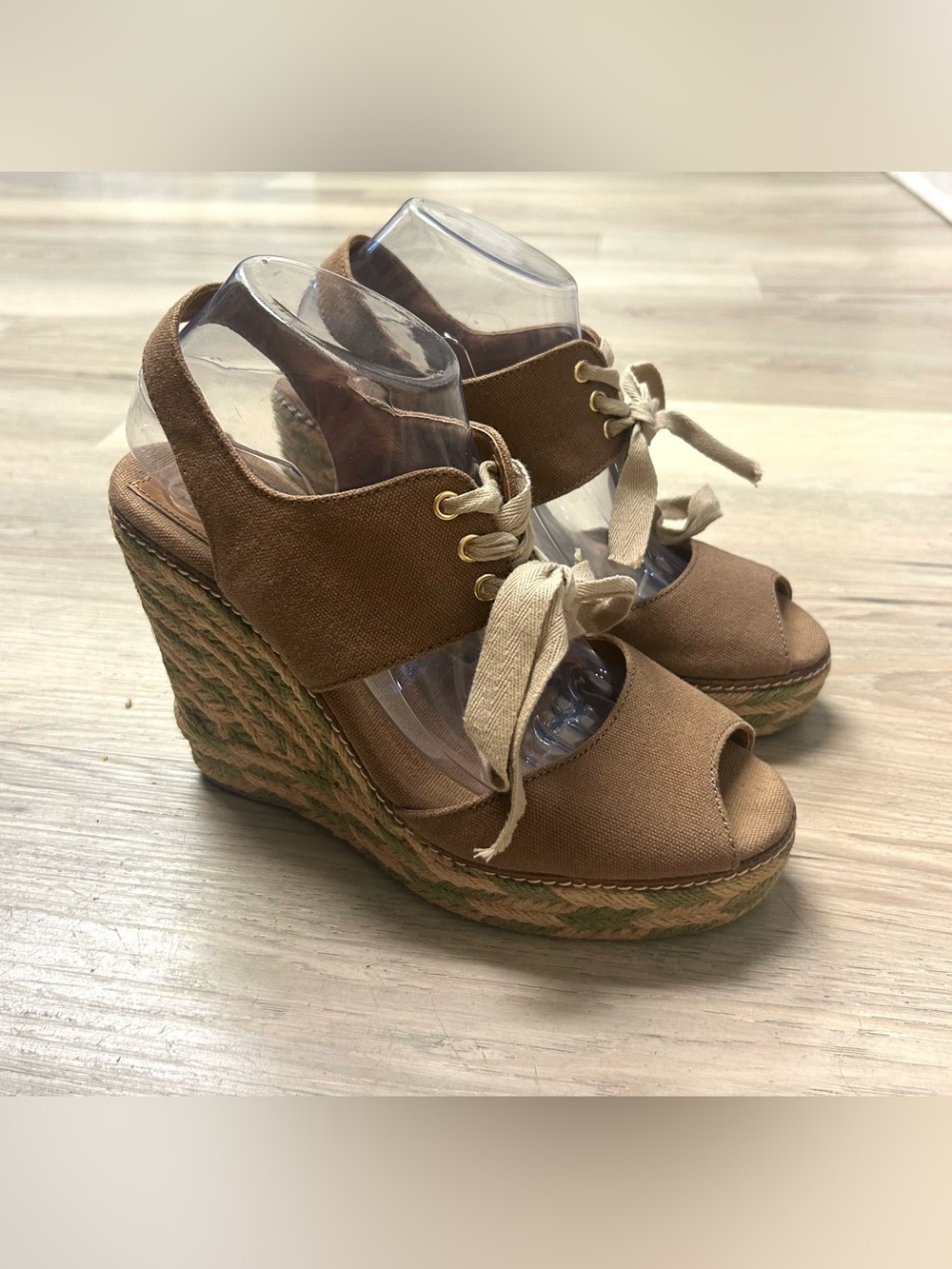 Tory Burch Wedge Sandals Womens 9M Linley Espadrille Platform Tan Olive Lace Up - Picture 3 of 14
